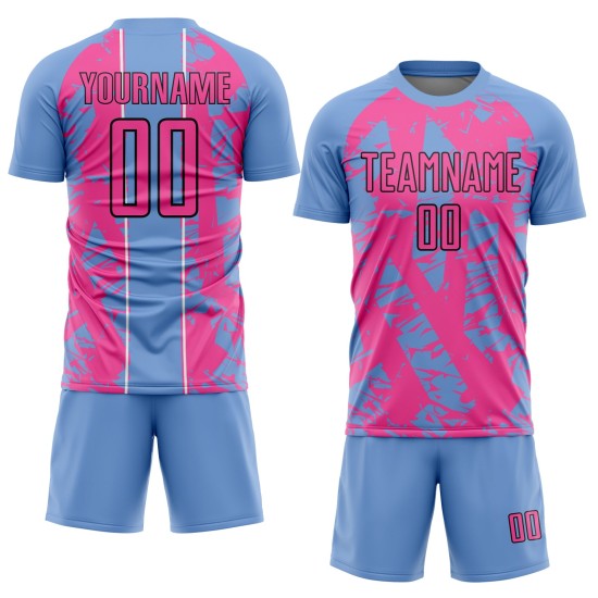 Irregular Soccer Custom Light Shapes Sublimation Blue Uniform Jersey Pink-White Irregular Soccer Custom Light Shapes Sublimation Blue Uniform Jersey Pink-White