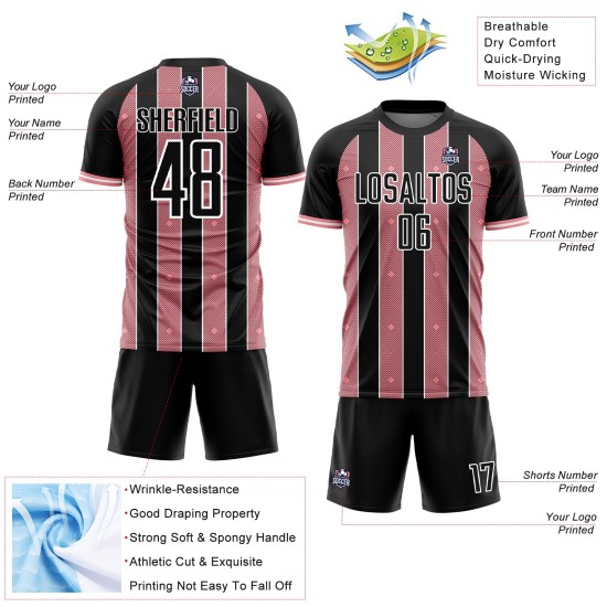 Line Medium Pinstripe Jersey Uniform Custom Sports Black Pink-White Soccer Sublimation Line Medium Pinstripe Jersey Uniform Custom Sports Black Pink-White Soccer Sublimation