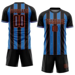 Custom Soccer Pinstripe Sublimation Powder Sports Line Jersey Black Blue-Orange Uniform Custom Soccer Pinstripe Sublimation Powder Sports Line Jersey Black Blue-Orange Uniform