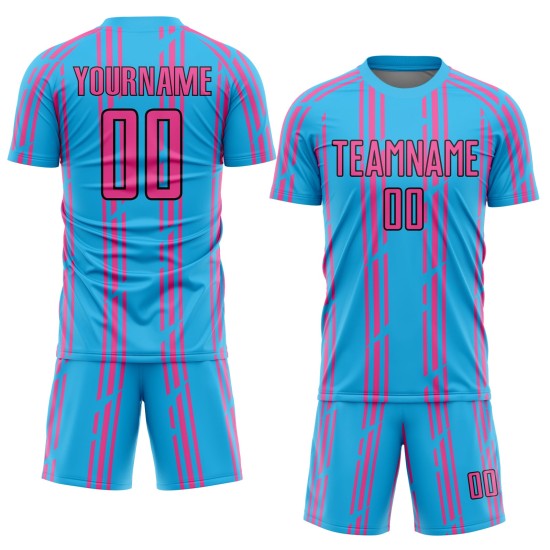 Sky Soccer Jersey Blue Pinstripe Pink-Black Uniform Sublimation Custom Sky Soccer Jersey Blue Pinstripe Pink-Black Uniform Sublimation Custom