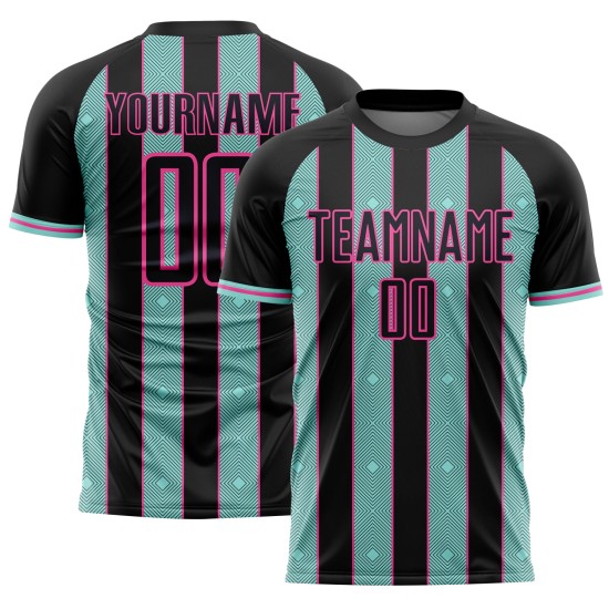 Ice Pinstripe Soccer Jersey Black Sports Sublimation Uniform Line Blue-Pink Custom Ice Pinstripe Soccer Jersey Black Sports Sublimation Uniform Line Blue-Pink Custom