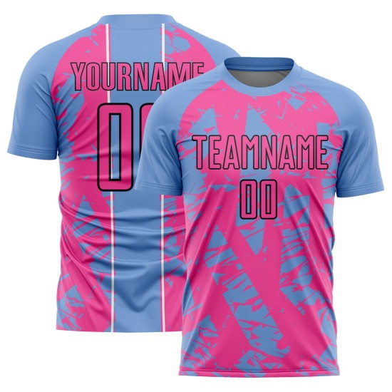 Irregular Soccer Custom Light Shapes Sublimation Blue Uniform Jersey Pink-White Irregular Soccer Custom Light Shapes Sublimation Blue Uniform Jersey Pink-White