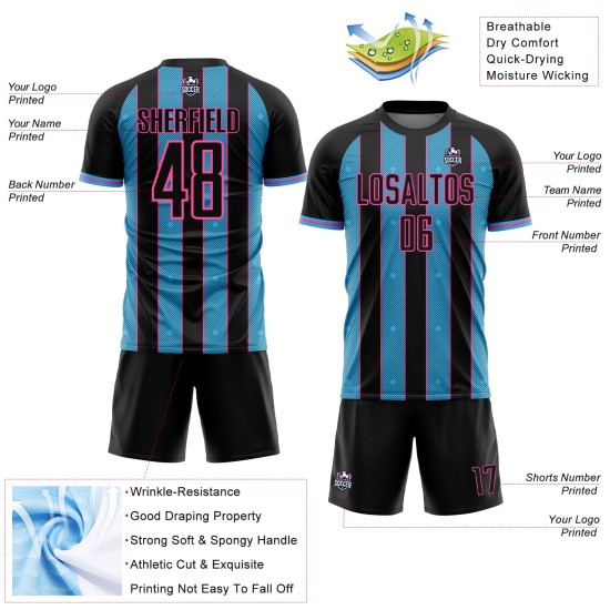 Black Blue-Pink Line Sky Custom Sublimation Pinstripe Soccer Uniform Sports Jersey Black Blue-Pink Line Sky Custom Sublimation Pinstripe Soccer Uniform Sports Jersey