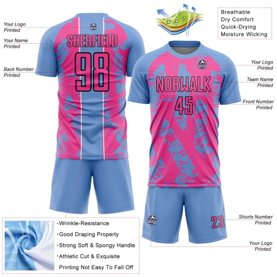 Irregular Soccer Custom Light Shapes Sublimation Blue Uniform Jersey Pink-White Irregular Soccer Custom Light Shapes Sublimation Blue Uniform Jersey Pink-White