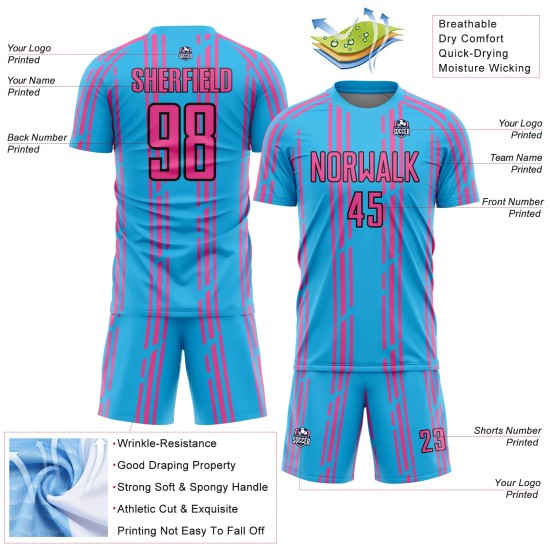 Sky Soccer Jersey Blue Pinstripe Pink-Black Uniform Sublimation Custom Sky Soccer Jersey Blue Pinstripe Pink-Black Uniform Sublimation Custom