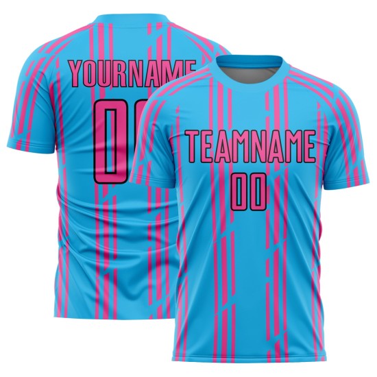 Sky Soccer Jersey Blue Pinstripe Pink-Black Uniform Sublimation Custom Sky Soccer Jersey Blue Pinstripe Pink-Black Uniform Sublimation Custom