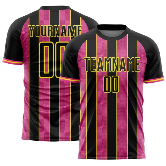 Yellow Sports Soccer Sublimation Custom Line Black Jersey Pink-Light Pinstripe Uniform Yellow Sports Soccer Sublimation Custom Line Black Jersey Pink-Light Pinstripe Uniform