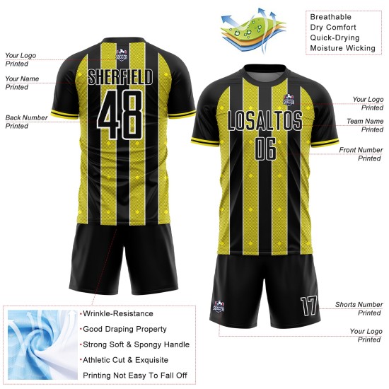 Custom Yellow-White Line Uniform Sublimation Light Black Pinstripe Sports Jersey Soccer Custom Yellow-White Line Uniform Sublimation Light Black Pinstripe Sports Jersey Soccer