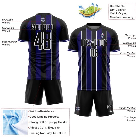 Pinstripe Purple-White Soccer Sports Uniform Black Line Jersey Dark Custom Sublimation Pinstripe Purple-White Soccer Sports Uniform Black Line Jersey Dark Custom Sublimation