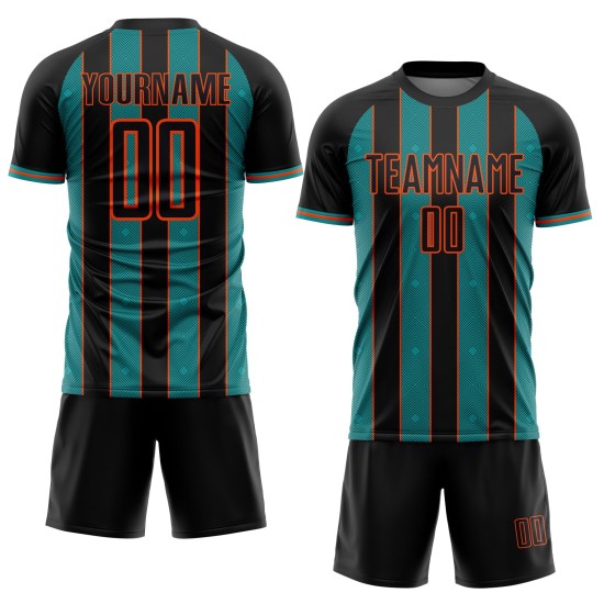 Teal-Orange Soccer Jersey Custom Black Pinstripe Sublimation Uniform Sports Line Teal-Orange Soccer Jersey Custom Black Pinstripe Sublimation Uniform Sports Line