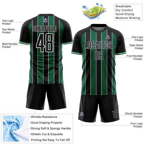 Custom Kelly Sublimation Black Jersey Green-White Line Sports Uniform Soccer Pinstripe Custom Kelly Sublimation Black Jersey Green-White Line Sports Uniform Soccer Pinstripe