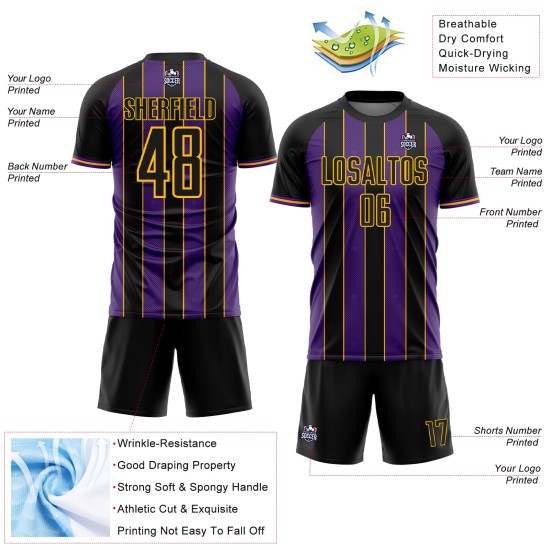Sublimation Soccer Custom Purple-Gold Sports Line Black Uniform Jersey Pinstripe Sublimation Soccer Custom Purple-Gold Sports Line Black Uniform Jersey Pinstripe