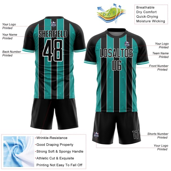 Jersey Soccer Pinstripe Aqua-White Black Sports Custom Sublimation Line Uniform Jersey Soccer Pinstripe Aqua-White Black Sports Custom Sublimation Line Uniform