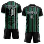 Custom Kelly Sublimation Black Jersey Green-White Line Sports Uniform Soccer Pinstripe Custom Kelly Sublimation Black Jersey Green-White Line Sports Uniform Soccer Pinstripe