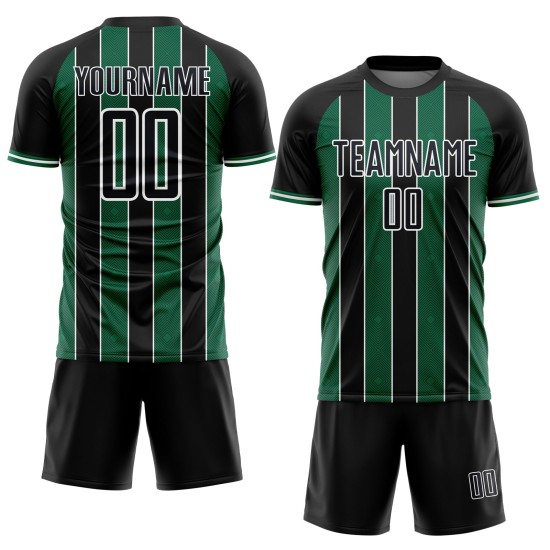 Custom Kelly Sublimation Black Jersey Green-White Line Sports Uniform Soccer Pinstripe Custom Kelly Sublimation Black Jersey Green-White Line Sports Uniform Soccer Pinstripe