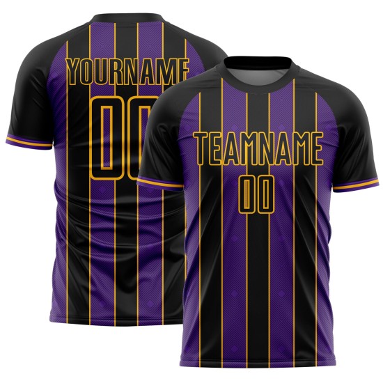 Sublimation Soccer Custom Purple-Gold Sports Line Black Uniform Jersey Pinstripe Sublimation Soccer Custom Purple-Gold Sports Line Black Uniform Jersey Pinstripe