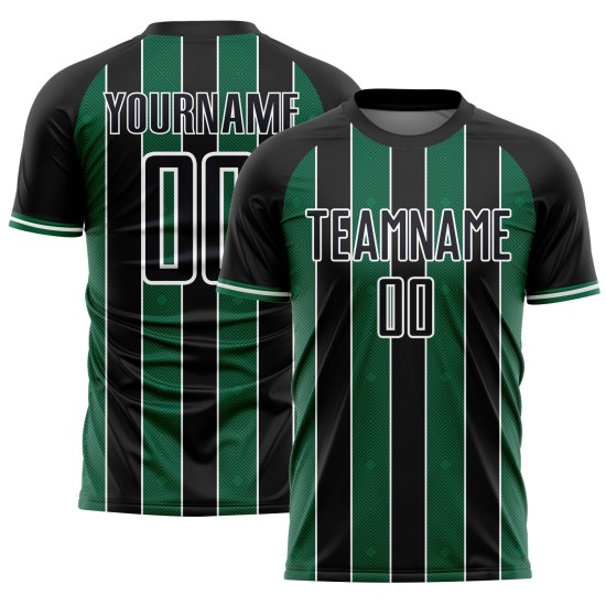 Custom Kelly Sublimation Black Jersey Green-White Line Sports Uniform Soccer Pinstripe Custom Kelly Sublimation Black Jersey Green-White Line Sports Uniform Soccer Pinstripe