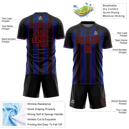 Black Soccer Line Uniform Custom Sublimation Jersey Pinstripe Sports Royal-Red Black Soccer Line Uniform Custom Sublimation Jersey Pinstripe Sports Royal-Red