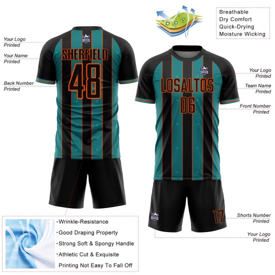 Teal-Orange Soccer Jersey Custom Black Pinstripe Sublimation Uniform Sports Line Teal-Orange Soccer Jersey Custom Black Pinstripe Sublimation Uniform Sports Line