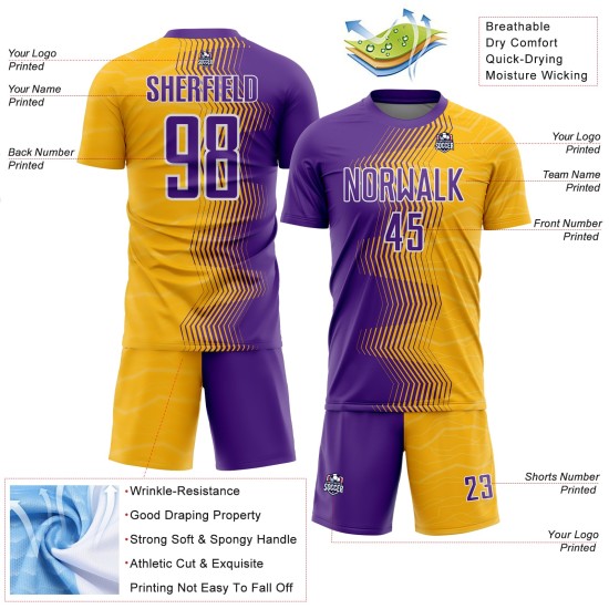 Custom Soccer Jersey Uniform Purple-White Gold Arrow Gradient Sublimation Custom Soccer Jersey Uniform Purple-White Gold Arrow Gradient Sublimation