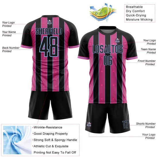 Soccer Custom Blue Sublimation Pink-Light Uniform Black Pinstripe Line Sports Jersey Soccer Custom Blue Sublimation Pink-Light Uniform Black Pinstripe Line Sports Jersey
