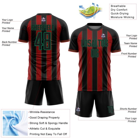 Black Sports Sublimation Soccer Red-Kelly Jersey Green Line Uniform Custom Pinstripe Black Sports Sublimation Soccer Red-Kelly Jersey Green Line Uniform Custom Pinstripe