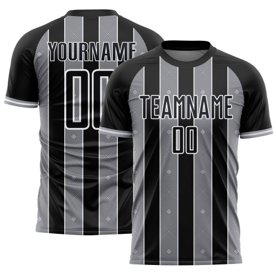 Custom Line Sports Black Pinstripe Gray-White Soccer Uniform Jersey Sublimation Custom Line Sports Black Pinstripe Gray-White Soccer Uniform Jersey Sublimation
