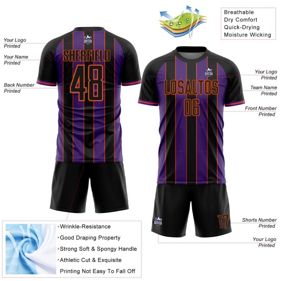 Sublimation Line Sports Black Pinstripe Uniform Soccer Custom Jersey Purple-Orange Sublimation Line Sports Black Pinstripe Uniform Soccer Custom Jersey Purple-Orange