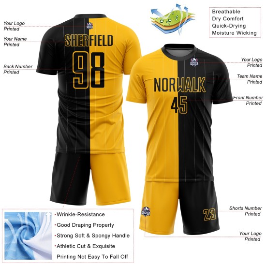 Black Pinstripe Custom Split Gold Soccer Fashion Sublimation Jersey Uniform Black Pinstripe Custom Split Gold Soccer Fashion Sublimation Jersey Uniform