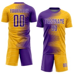 Custom Soccer Jersey Uniform Purple-White Gold Arrow Gradient Sublimation Custom Soccer Jersey Uniform Purple-White Gold Arrow Gradient Sublimation