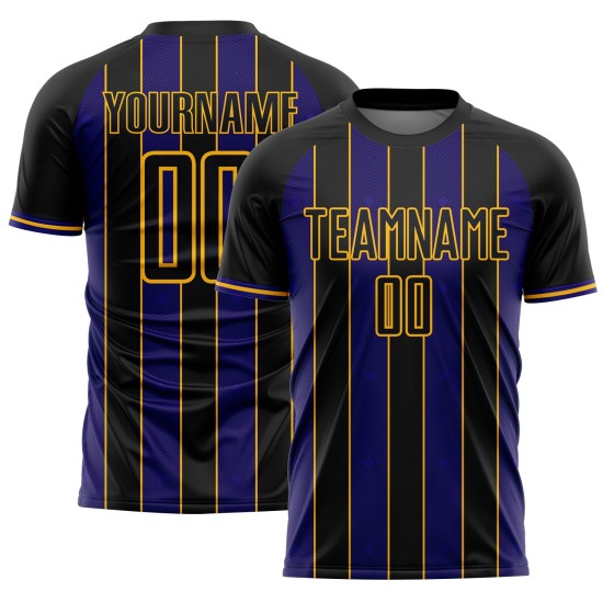 Black Uniform Sublimation Line Dark Jersey Custom Soccer Pinstripe Purple-Gold Sports Black Uniform Sublimation Line Dark Jersey Custom Soccer Pinstripe Purple-Gold Sports