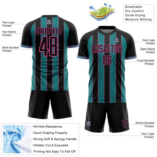Sublimation Uniform Jersey Custom Sports Pinstripe Black Teal-Pink Soccer Line Sublimation Uniform Jersey Custom Sports Pinstripe Black Teal-Pink Soccer Line