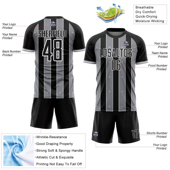 Custom Line Sports Black Pinstripe Gray-White Soccer Uniform Jersey Sublimation Custom Line Sports Black Pinstripe Gray-White Soccer Uniform Jersey Sublimation