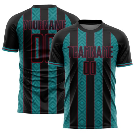 Black Custom Jersey Teal-Crimson Sports Uniform Sublimation Line Soccer Pinstripe Black Custom Jersey Teal-Crimson Sports Uniform Sublimation Line Soccer Pinstripe