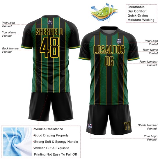 Sports Uniform Black Kelly Soccer Custom Jersey Pinstripe Line Green-Gold Sublimation Sports Uniform Black Kelly Soccer Custom Jersey Pinstripe Line Green-Gold Sublimation