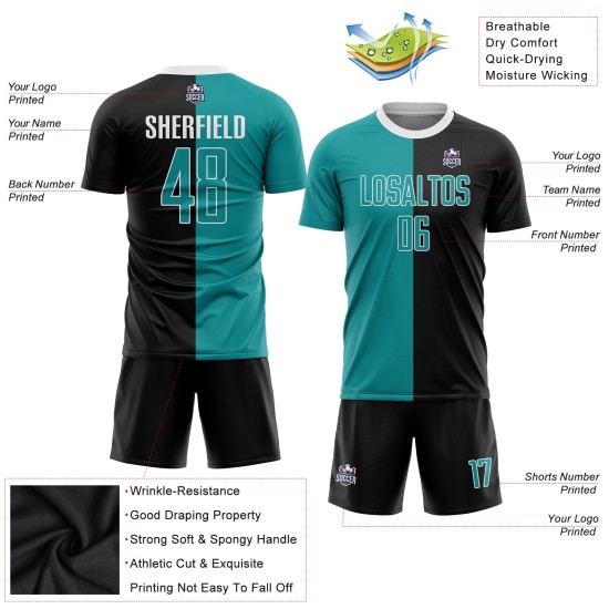 Black Sublimation Uniform Jersey Teal-White Soccer Fashion Split Custom Black Sublimation Uniform Jersey Teal-White Soccer Fashion Split Custom