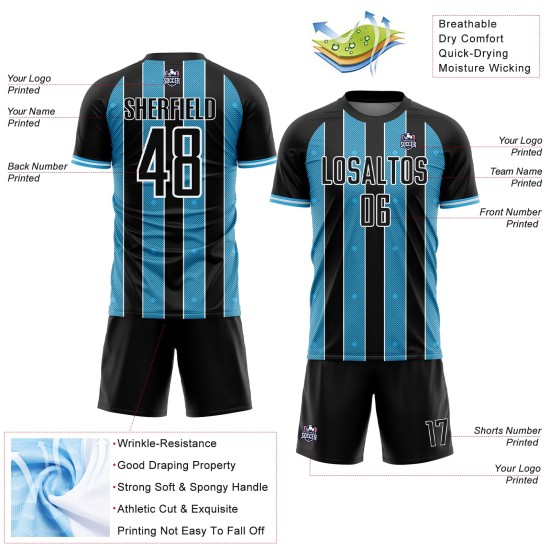 Line Uniform Black Sports Sky Blue-White Pinstripe Jersey Sublimation Soccer Custom Line Uniform Black Sports Sky Blue-White Pinstripe Jersey Sublimation Soccer Custom