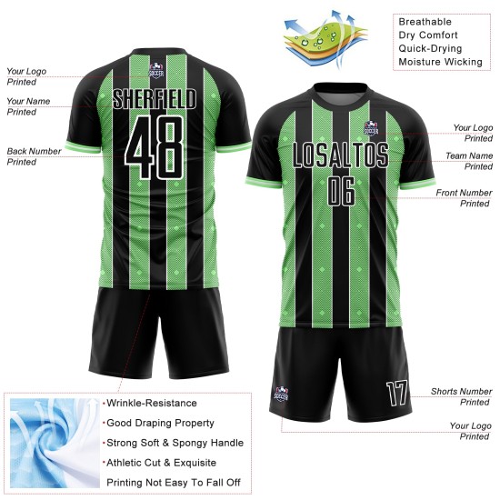 Jersey Green-White Uniform Pinstripe Sublimation Soccer Line Pea Black Sports Custom Jersey Green-White Uniform Pinstripe Sublimation Soccer Line Pea Black Sports Custom