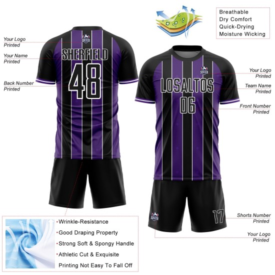 Jersey Uniform Sports Sublimation Pinstripe Line Soccer Custom Black Purple-White Jersey Uniform Sports Sublimation Pinstripe Line Soccer Custom Black Purple-White