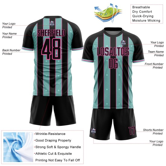 Ice Pinstripe Soccer Jersey Black Sports Sublimation Uniform Line Blue-Pink Custom Ice Pinstripe Soccer Jersey Black Sports Sublimation Uniform Line Blue-Pink Custom